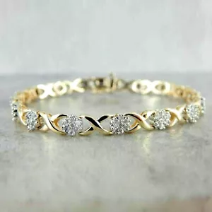 Bracciale Tennis 4Ct Taglio TondoSimulato Diamante Margherita Grappolo Oro Giallo 14K Over - Foto 1 di 5