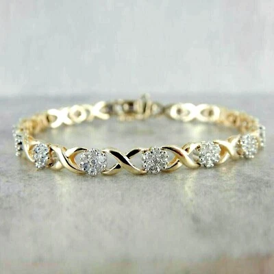 4Ct Round CutSimulate Diamond Daisy Cluster Tennis Bracelet 14K Yellow Gold Over - Image 1 of 4