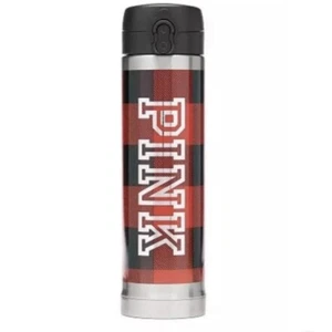 New Victoria's Secret PINK Thermo Water Bottle Tumbler Black Red Plaid 15oz NWT - Picture 1 of 4