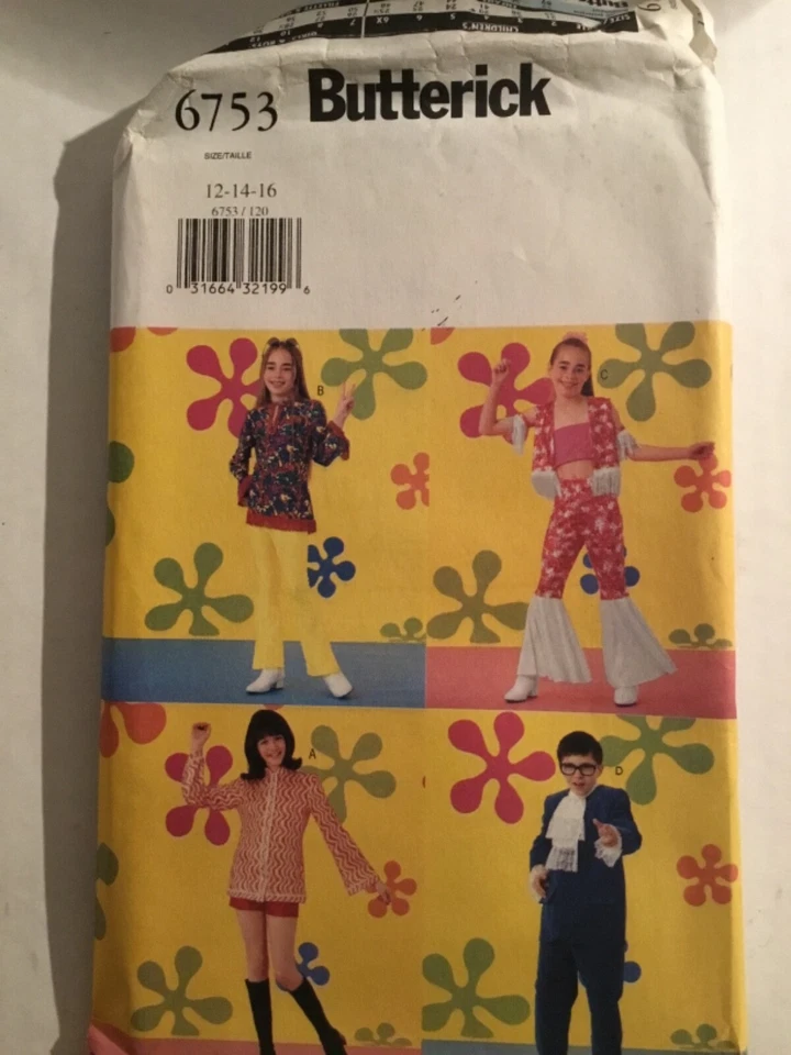 UNCUT BUTTERICK 6753 Costume 1960s Bellbottoms Jabot Top Shorts Childs 12 14 16 - Image 1 of 1