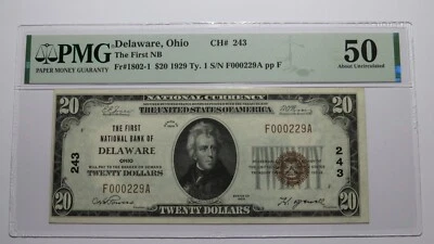 $20 1929 Delaware Ohio OH National Currency Bank Note Bill Ch. #243 UNC50EPQ PMG - Image 1 of 4