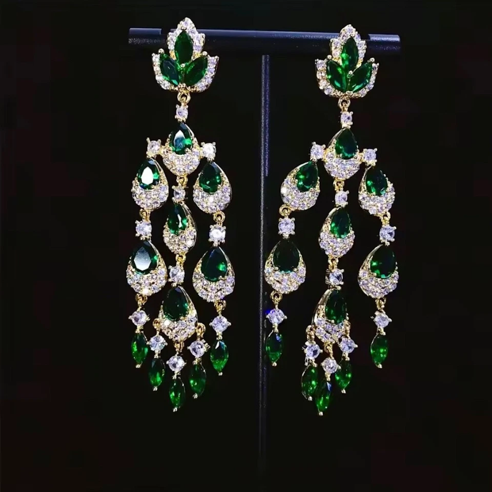 Pendientes araña de boda enchapados en oro de 18k creados en laboratorio esmeralda verde regalo para mujer Foto 1 de 4