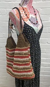 Vintage Straw Handbag Woven Striped Grab Bag Shoulder Boho Beads Festival Hols - Picture 1 of 9