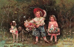 Birthday Greetings Postcard Girl Boy Dog Embossed German About 1910 T3 - Picture 1 of 2