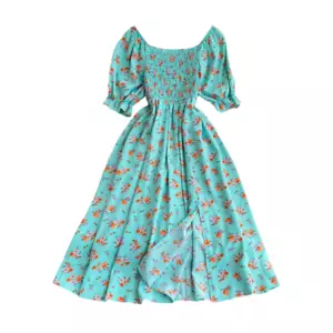 Women Square Neck Puff Short Sleeve Floral Dress Midi Split Ruffle Beach Summer - Picture 1 of 22