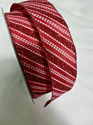 10 Yards 1.5 Inch Wired Winter Christmas Red White Vertical Line Sparkly Ribbon - Image 1 of 2