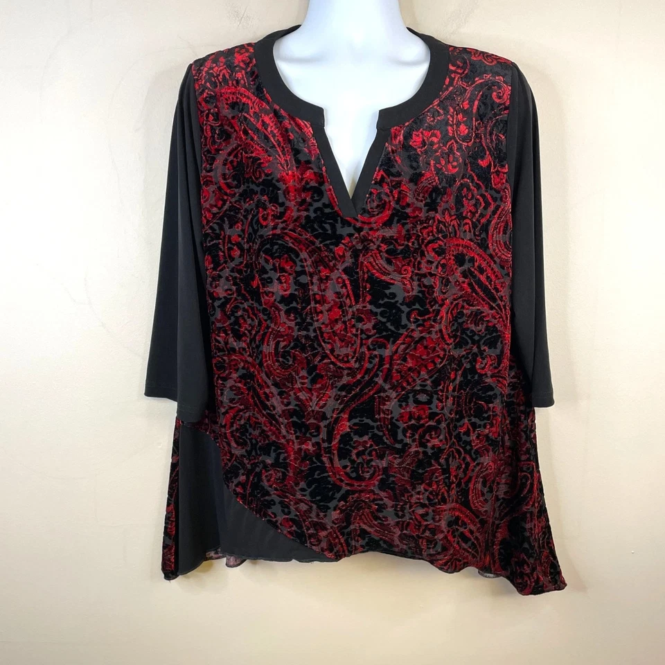 Vintage Womens Velvet Burnout  Asymmetrical Tunic Top Size XL Red Black HOLIDAY - Image 1 of 4