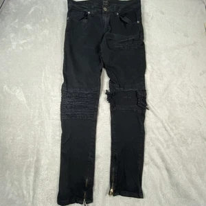 Krome Jeans Mens 32x32 Black Moto Biker Stacked Zipper Ankle Distressed Pants - Picture 1 of 13