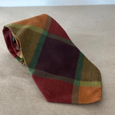 Corbata vintage corbata lana escocesa tartán 4x58" sin forro borgoña naranja trabajo preppy Foto 1 de 4