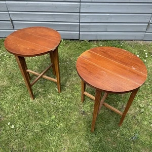 x2 Vintage Danish Style 1970s Wooden Side Tables Round Folding Plant Stand - Picture 1 of 17
