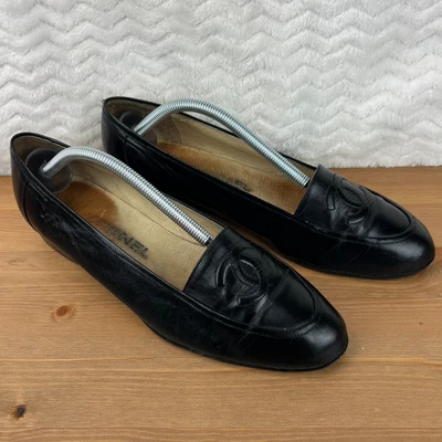 Vintage 70s Channel Womens Loafers CC Stitched Flats Black Leather Sz 9.5 - Image 1 of 4