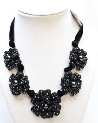 Collar Miriam Haskell Antiguo Tono Dorado Cuentas Negras Flor Distintivo $128 Nuevo Foto 1 de 4