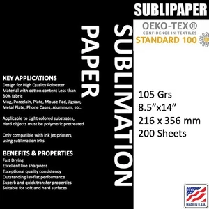 SUBLIPAPER 200 Sh 8.5”x14” Dye Sublimation Heat Transfer Paper Mug, Poly-Cotton - Picture 1 of 14