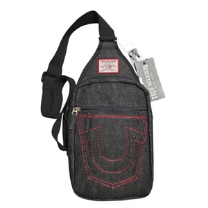 True Religion Denim Sling Bag Grohl Crossbody Black Red Stitch Horseshoe Logo - Picture 1 of 8