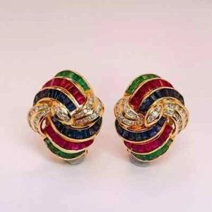 4Ct Princess Cut Ruby Emerald Sapphire & LabDiam Earrings 14K Yellow Gold Plated - Picture 1 of 4
