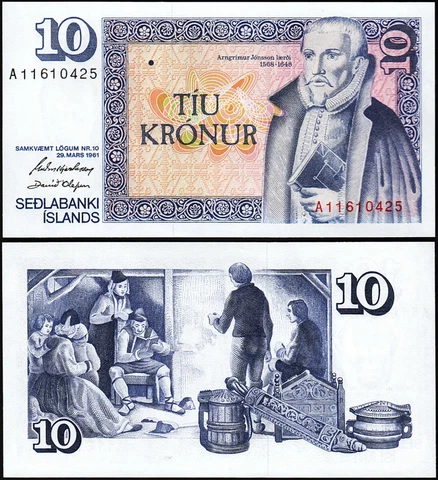 Iceland 10 Kronur 1961 (1981), UNC, P.48a, Sign 42, Sedlabanki Islands Cover