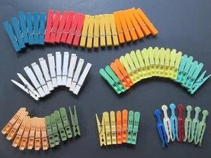 80 Vtg. Plastic Clothespins 6 Different Styles incl. BULLDOG / Hong Kong/ Taiwan - Picture 1 of 10