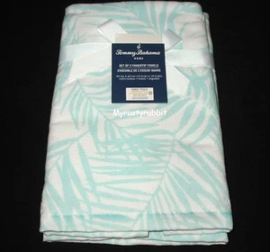 Tommy Bahama Palm Day Fingertip Towels Set of 2 - White & Blue Flatweave ~ New - Picture 1 of 5