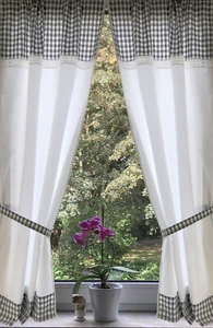 Juego de cortinas de casa de campo 2 piezas blanco gris cuadros encaje 140x75 total 150 cm + 2 cintas - Imagen 1 de 1