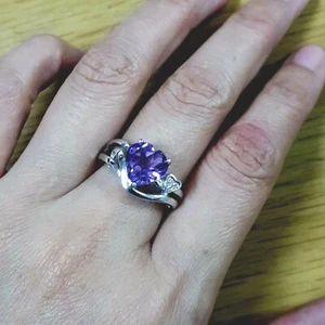 Anillo de Piedra Preciosa Amatista Genuina Corazón Plata 925 Hecho a Mano Vintage Talla 7 - Imagen 1 de 6