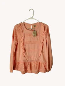 True Craft Top Girls Xl Long Sleeve Peach Ruffle Lace Pleated - Picture 1 of 14