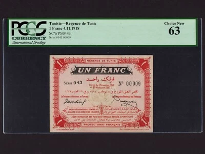 Tunisia:P-43, 1 Franc, 4.11.1918 * REGENCE DE TUNIS * PCGS Ch. UNC 63 * - Image 1 of 2