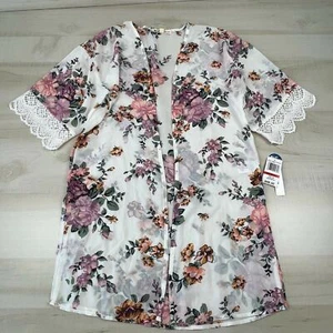 Wallflower Womens Kimono XS White Floral Open Cover Up Short Sleeve Semi Sheer - Picture 1 of 12