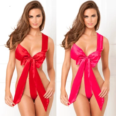 Lencería sexy sin espalda con moño grande cinta de Navidad Babydoll para mujer Foto 1 de 4
