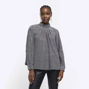 River Island Womens Blouse Silver Glitter High Neck Cuffed Long Sleeve Top - Picture 1 of 9