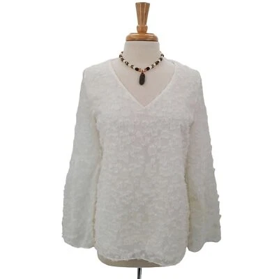 DKNY Womens Fringe Bell Sleeve Blouse Size M White V-Neck Long Sleeve Boho NWT - Image 1 of 4