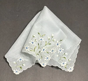 Pale Blue Background Vintage Hankie Handkerchief Wedding White Flowers Austria - Picture 1 of 11