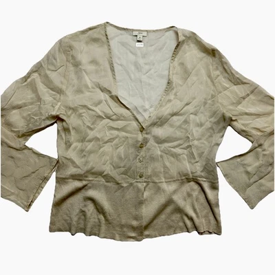 J. Jill Top Womens M Tan Flared Sleeve Silk Blend Button Front Knit Bottom - Image 1 of 4