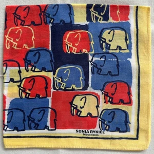 Vintage Handkerchief Cotton Geometric Elephant Yellow Blue Red Pocket Square 17" - Picture 1 of 3