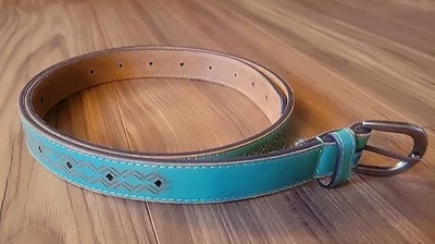 Vintage Turquoise Genuine Leather Belt Womens Medium Etched Design Metal Buckle - Image 1 of 4