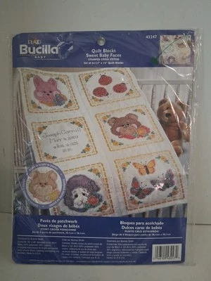Bucilla Stamped Cross Stitch Sweet Baby Faces Animals Quilt Blocks NEW 43247 - Image 1 of 3