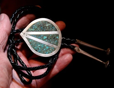 БОЛЬШОЙ старый юго-западный галстук-боло ручной работы из чистого серебра с слитком и бирюзой - Изображение 1 из 4