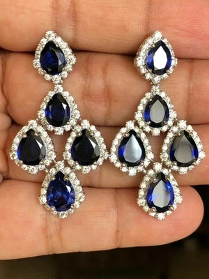 4Ct Blue Sapphire Lab Created Diamond Chandelier Earrings 14k White Gold Plated - Image 1 of 3