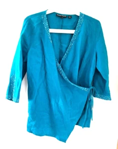 SANDRA STEINER TURQUOISE LINEN TOP. SEQUIN DETAIL. MEDIUM - Picture 1 of 4