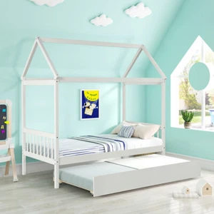 Twin Size Bed Frame Wood Bed Platform with Trundle House Bed Frame White/ Pink - Picture 1 of 29