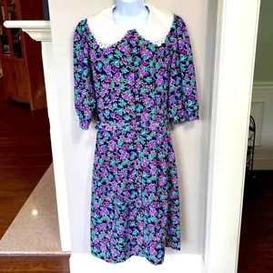Vintage Breli Originals Navy Fuchsia Purple Floral Button Front Secretary Dress - Picture 1 of 13