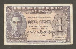 Malaya 1 Cent 1.7.1941; F+; P-6; BNB-B107a; King George VI; WWII issue - Picture 1 of 2