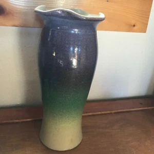 Artist Signed Purple Green & Cream Ombre Glazed Tall Cylinder Art Pottery Vase - Picture 1 of 11