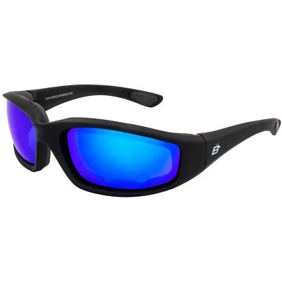 BIRDZ EYEWEAR Birdz Oriole Padded Motorcycle Glasses Black Frame Blue GTech Reflective Lens