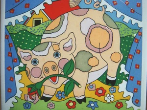 Vintage CUTE & COLORFUL CERAMIC PIG w/ ROSE FRAMED TRIVET by Gailstyn-Sutton - Picture 1 of 6