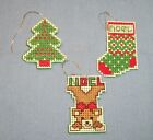 Lot 3 Miniature Christmas Ornament Handmade Cross Stitch Teddy Bear Stocking