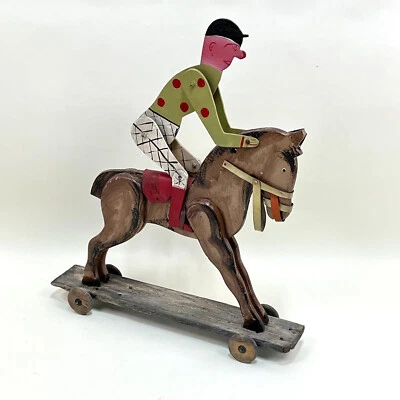 Ancien Grand Jouet Bois Jockey Cheval d'Obstacle - Déco Equestre 1950's - Photo 1/4