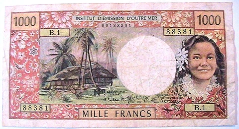 1969 Tahiti 1000 Francs  aVF Original French Polynesia Paper Money Banknote P-26 Cover