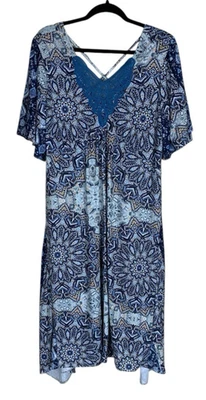 Vestido midi para mujer World Unity azul estampado geométrico manga corta encaje inserción XL Foto 1 de 4