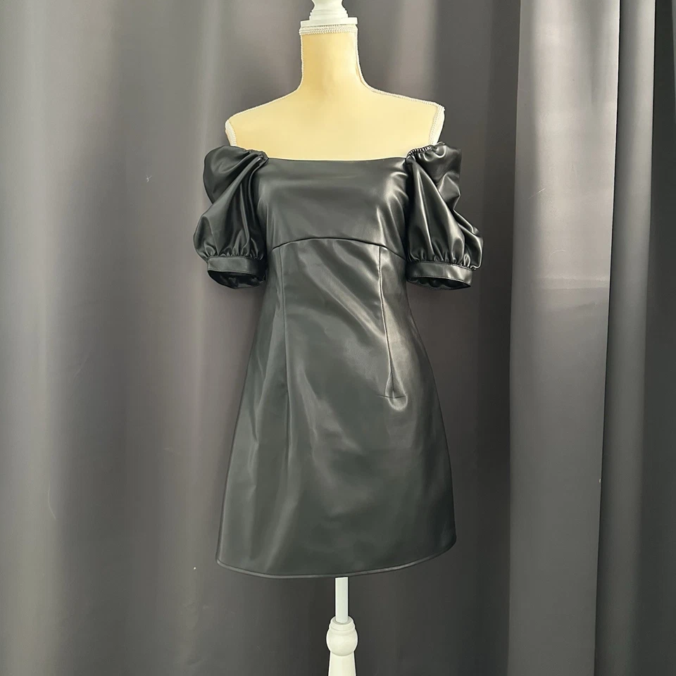 H&M Faux Leather Fleece Lined Puff Sleeve Mini Dress Black Sz Small Goth Biker - Image 1 of 3