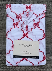 Laura Ashley Bow Ribbon Red Cotton Percale STANDARD Pillowcase Set 2pc - Picture 1 of 4